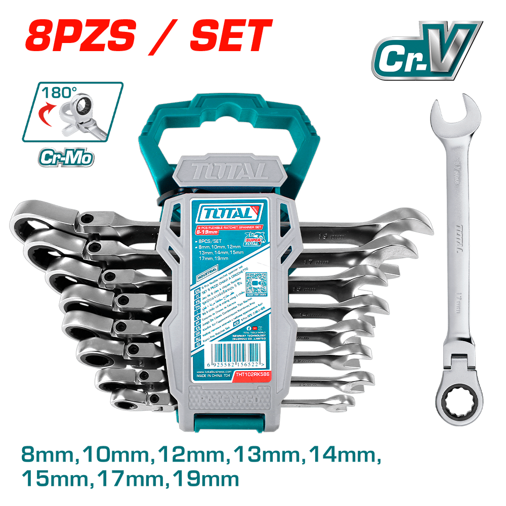 SET LLAVES RACHET 08PCS CR.V+CR-MO 8-19MM AJUSTABLE 180º COLGADOR PLASTICO INDUSTRIAL