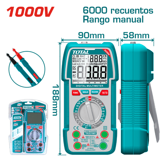 MULTIMETRO DIGITAL 6000 CONTEOS RANGO MANUAL 1000V INDUSTRIAL