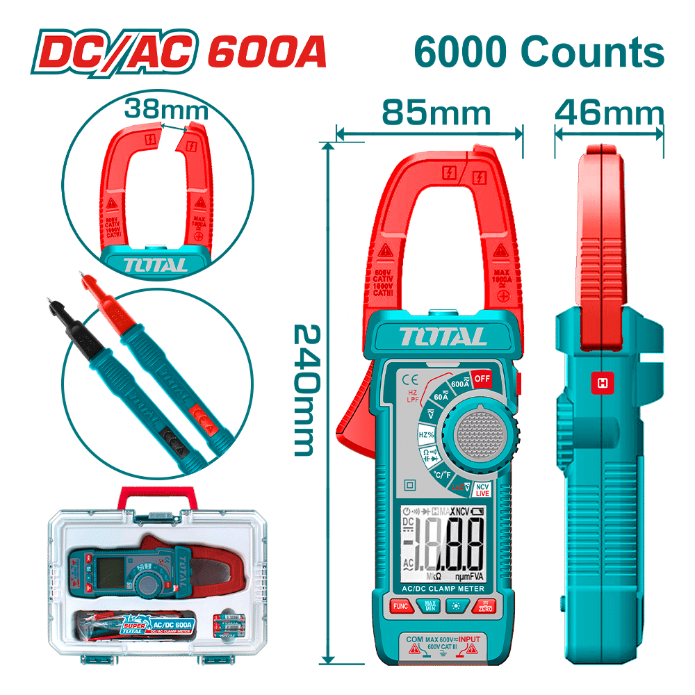 PINZA AMPERIMETRICA DC/AC 600A 6000 CONTEOS A:38MM MALETIN INDUSTRIAL