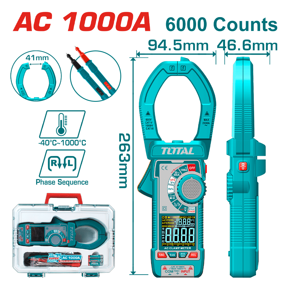 PINZA AMPERIMETRICA AC 1000A 6000 CONTEOS A:41MM MALETIN INDUSTRIAL