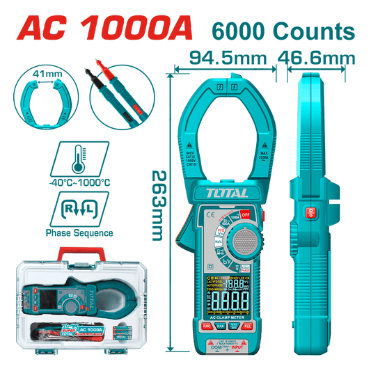 PINZA AMPERIMETRICA AC 1000A 6000 CONTEOS A:41MM MALETIN INDUSTRIAL