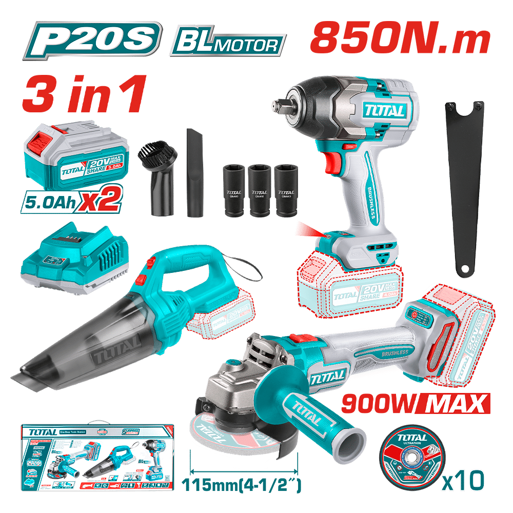 COMBO LLAVE 850NM + ASPIRADORA + AMOLADORA 2X5.0AH INDUSTRIAL