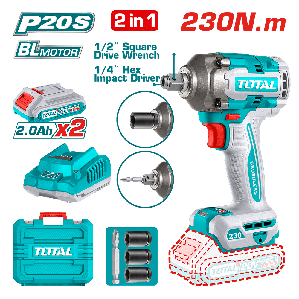 LLAVE/DESTORNILLADOR DE IMPACTO BRUSHLESS 20V 1/2'' 230NM 2X2.0AH MALETIN