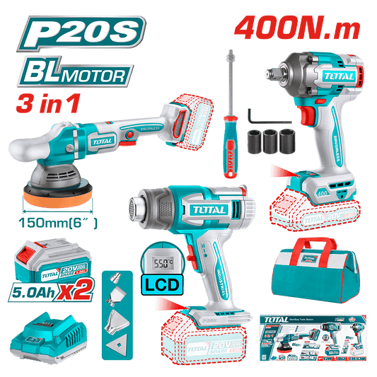 COMBO P20S LLAVE DE IMPACTO + PISTOLA DE CALOR + PULIDORA 2X5.0AH BRUSHLESS