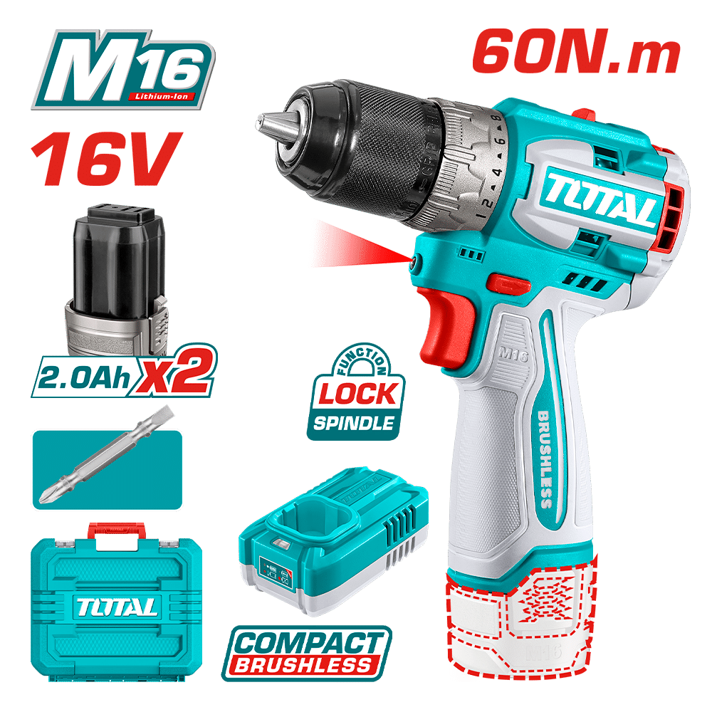 TALADRO COMPACTO 16V 60NM 13MM 22+1 2X2.0AH + MALETIN INDUSTRIAL
