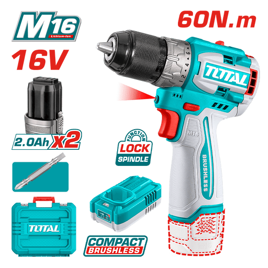 TALADRO COMPACTO 16V 60NM 13MM 22+1 2X2.0AH + MALETIN INDUSTRIAL