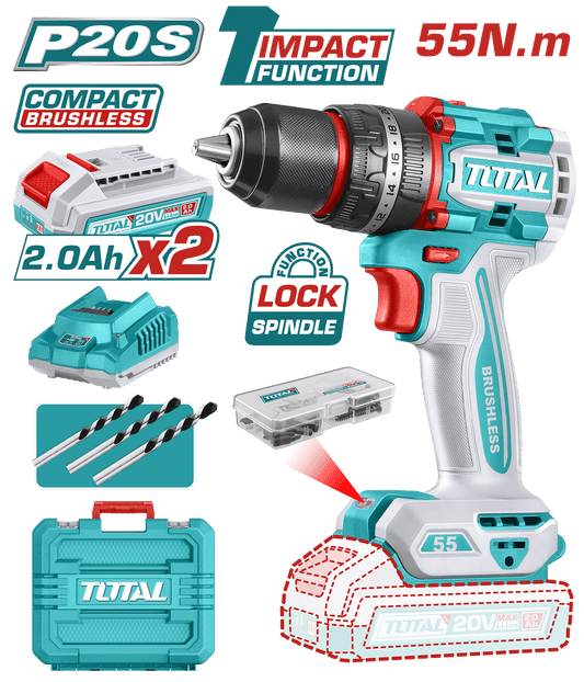 TALADRO PERCUTOR COMPACTO LI-ION 20V 55NM 13MM 2X2.0AH BRUSHLESS MALETIN INDUSTRIAL