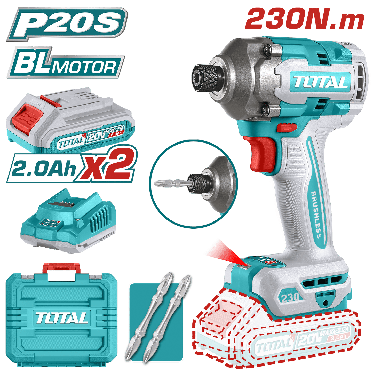 ATORNILLADOR IMPACTO 20V HEX:6.35 230NM 2X2.0AH 0-2900BPM BRUSHLESS  MALETIN INDUSTRIAL