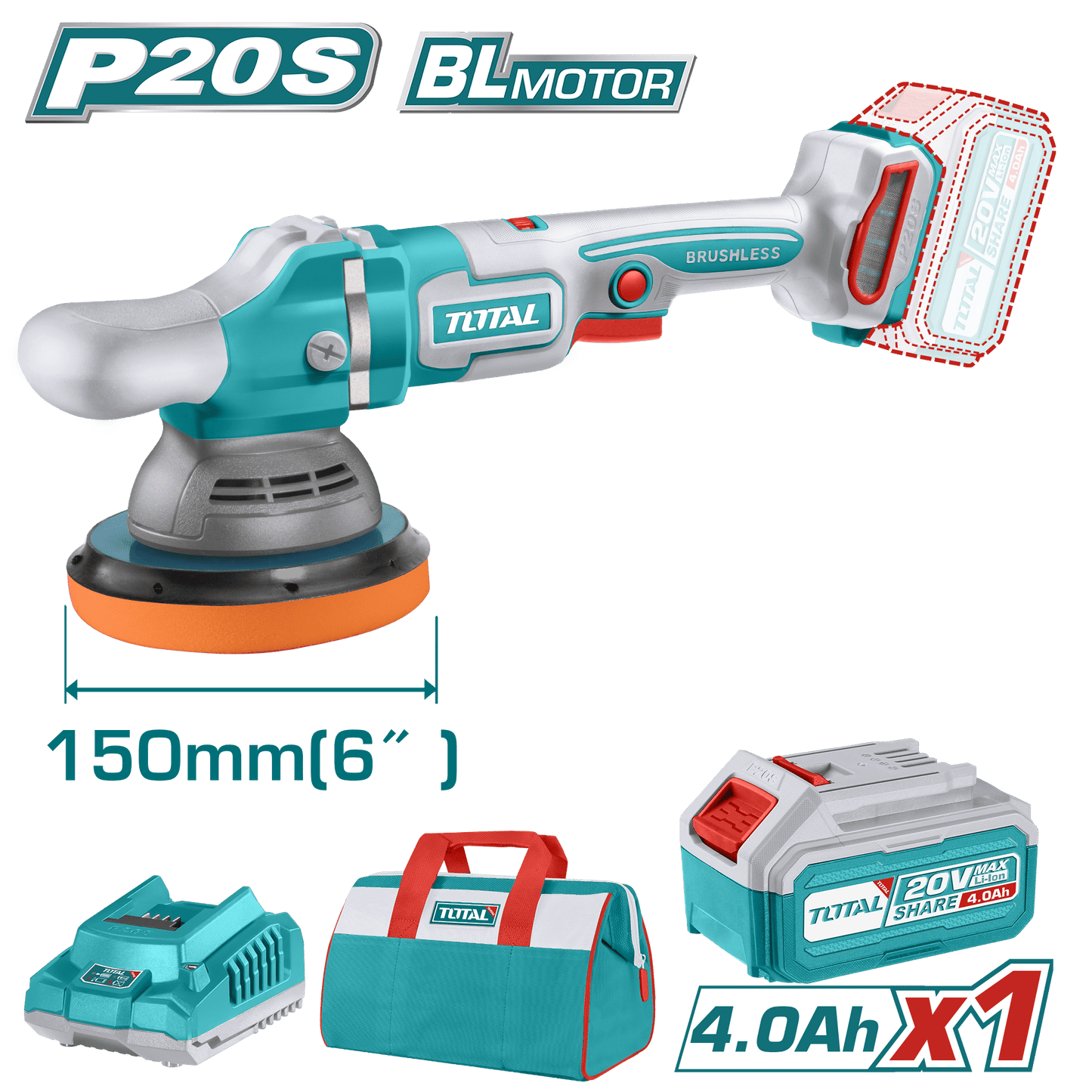 PULIDORA ANGULAR 20V 150MM(6'') 2000-45000RPM BRUSHLESS 1X4.0AH MALETIN LONA INDUSTRIAL