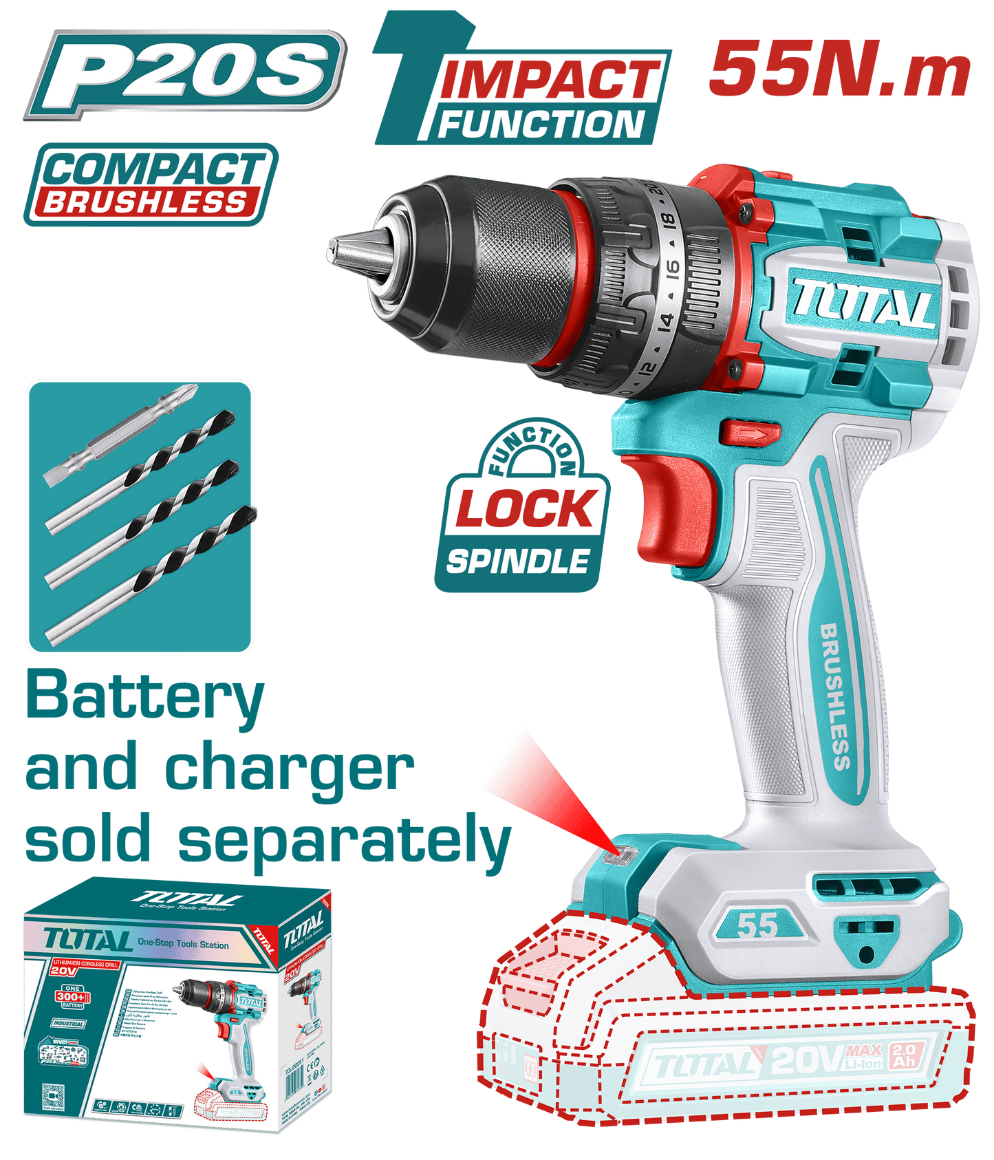 TALADRO PERCUTOR COMPACTO LI-ION 20V 55NM 13MM BRUSHLESS INDUSTRIAL
