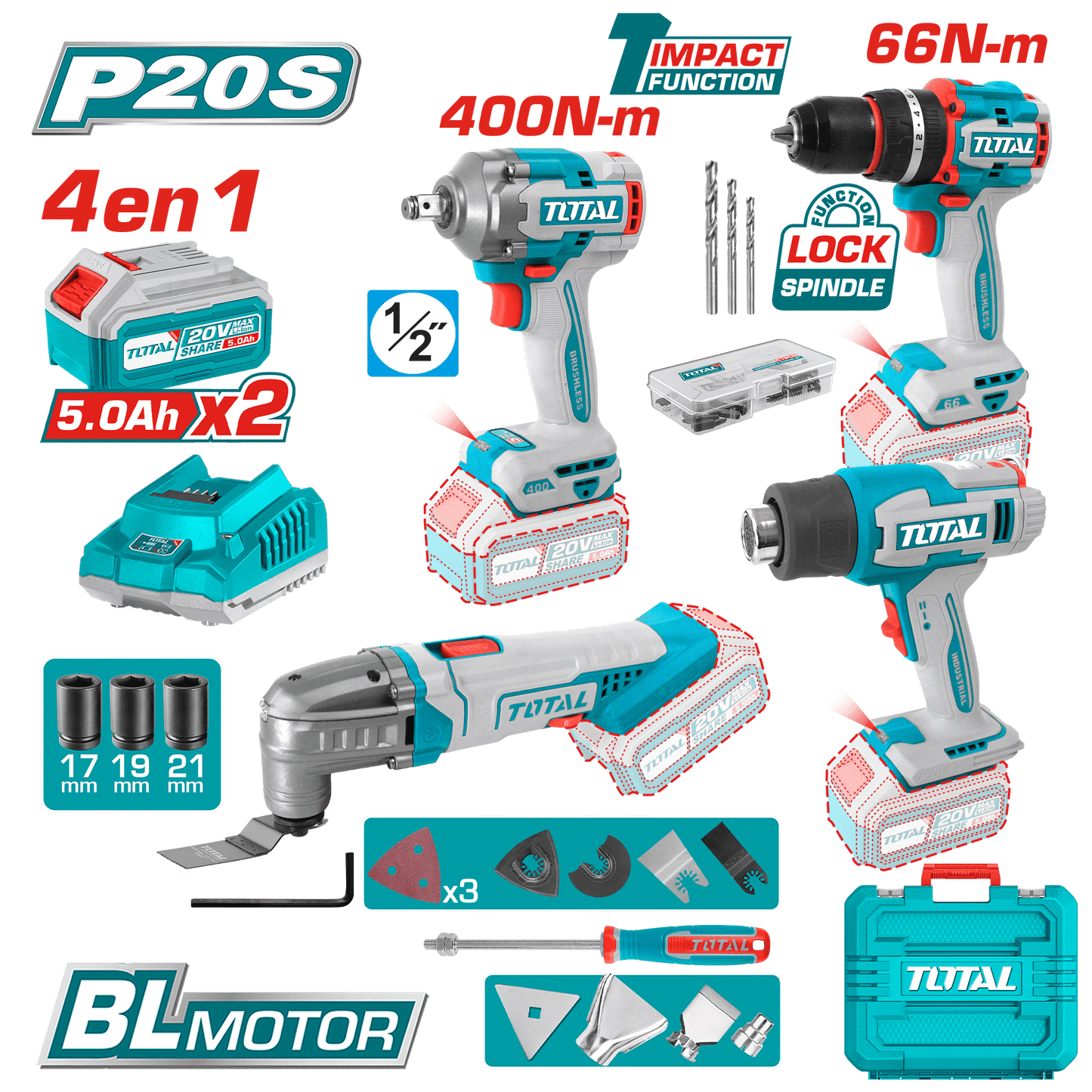 COMBO TALADRO + LLAVE DE IMPACTO + PISTOLA DE CALOR + MULTITOOL 2X4.0AH