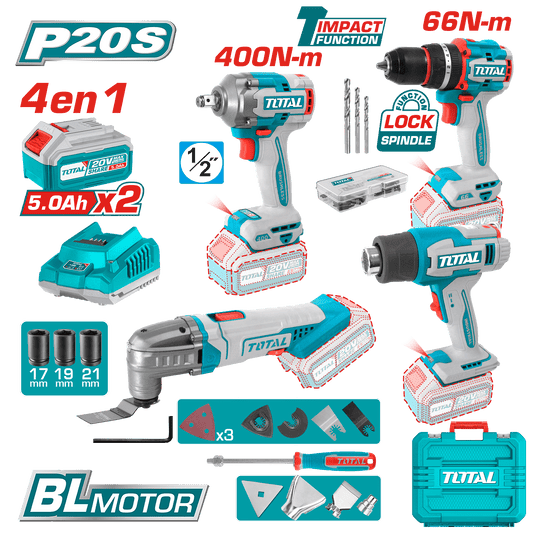 COMBO TALADRO + LLAVE DE IMPACTO + PISTOLA DE CALOR + MULTITOOL 2X4.0AH