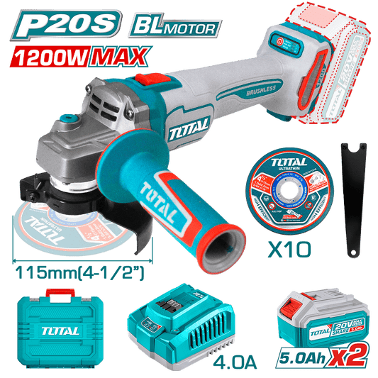 AMOLADORA 20V BRUSHLESS 3000-9000RPM 115MM M14 1200W/MAX 2X5.0AH INDUSTRIAL
