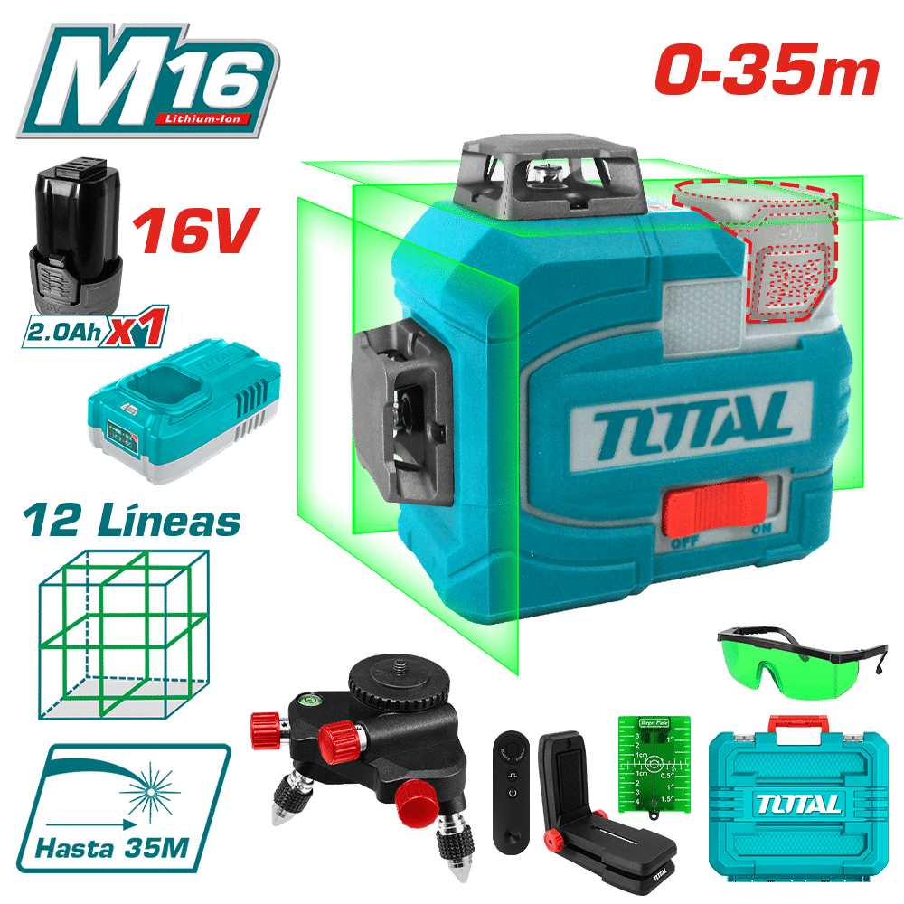 NIVEL LASER 3D 16V 12LINEAS 0-35M VERDE 1X2.0AH + ACCESORIOS