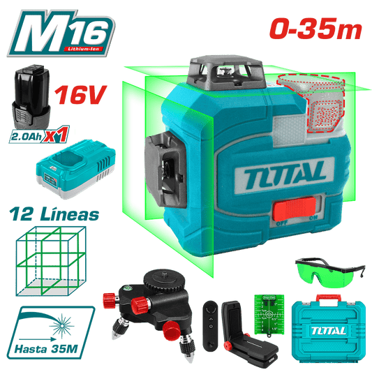 NIVEL LASER 3D 16V 12LINEAS 0-35M VERDE 1X2.0AH + ACCESORIOS