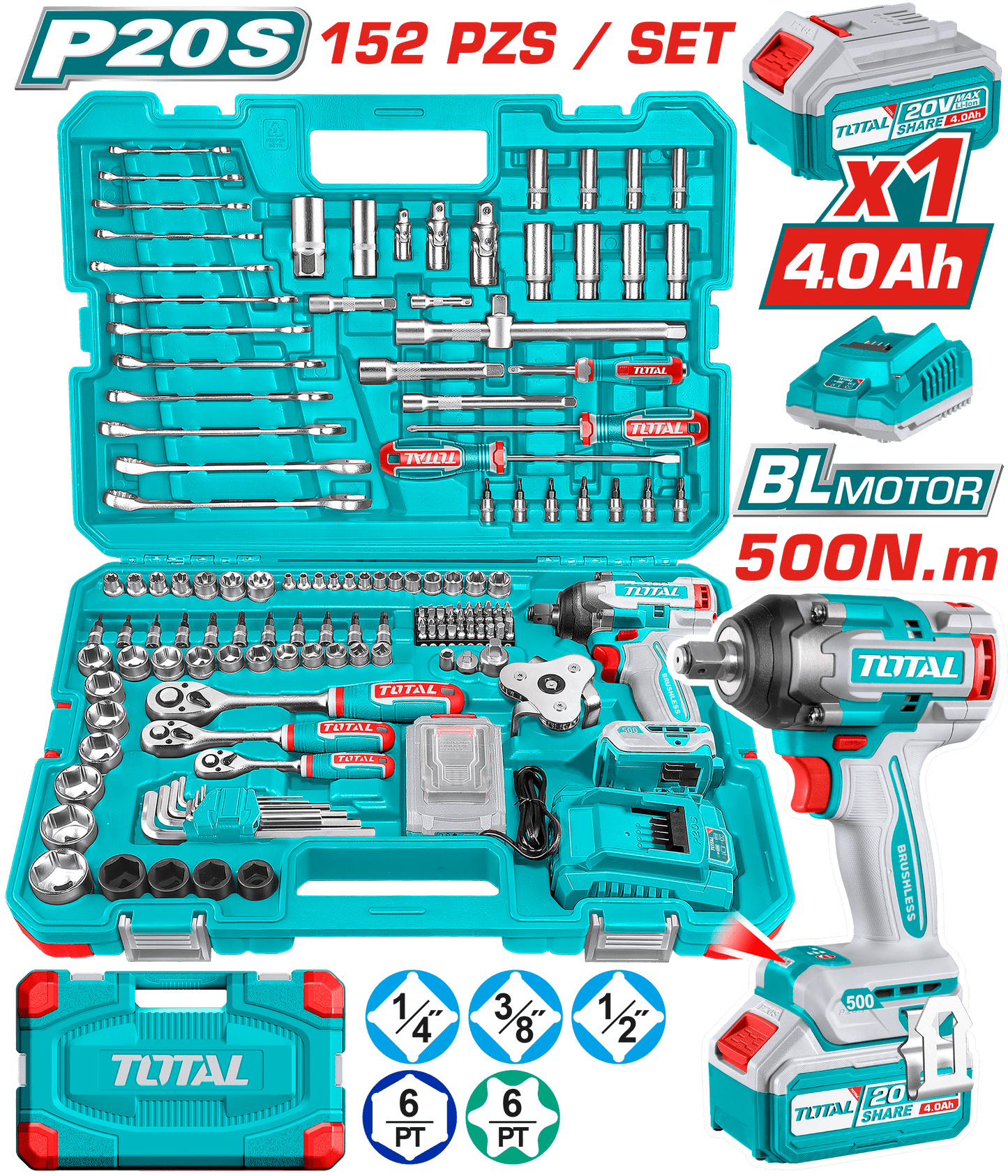 COMBO LLAVE DE IMPACTO 500NM 20V + HERRAMIENTAS  1X4.0AH (152PCS) INC MALETIN INDUSTRIAL