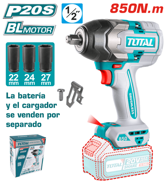 LLAVE IMPACTO BRUSHLESS 20V 850NM 1/2'' 3300BPM BRUSHLESS