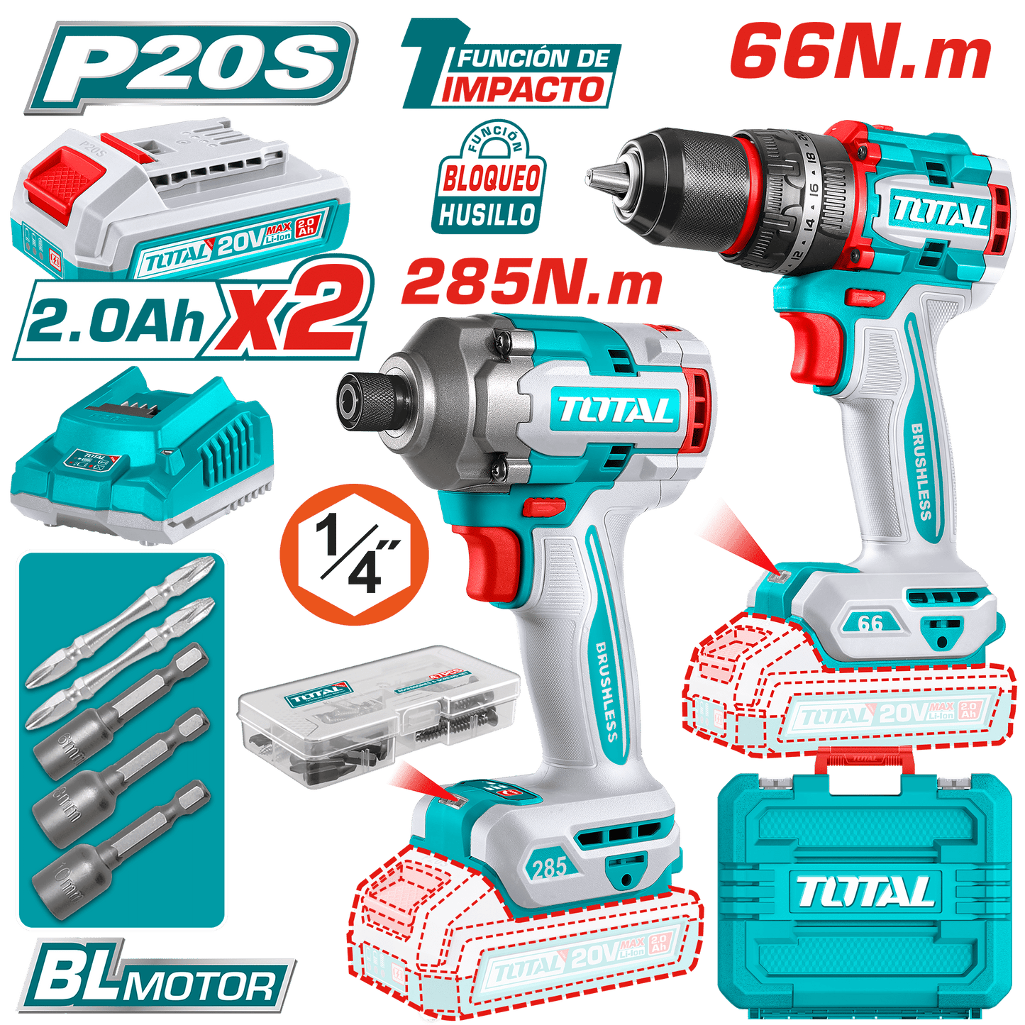 COMBO TALADRO PERCUTOR 66 N.M + ATORNILLADOR IMPACTO 285N.M 20V + ACC 2X2.0AH MALETIN INDUSTRIAL
