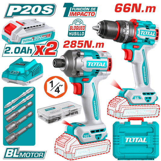COMBO TALADRO PERCUTOR 66 N.M + ATORNILLADOR IMPACTO 285N.M 20V + ACC 2X2.0AH MALETIN INDUSTRIAL