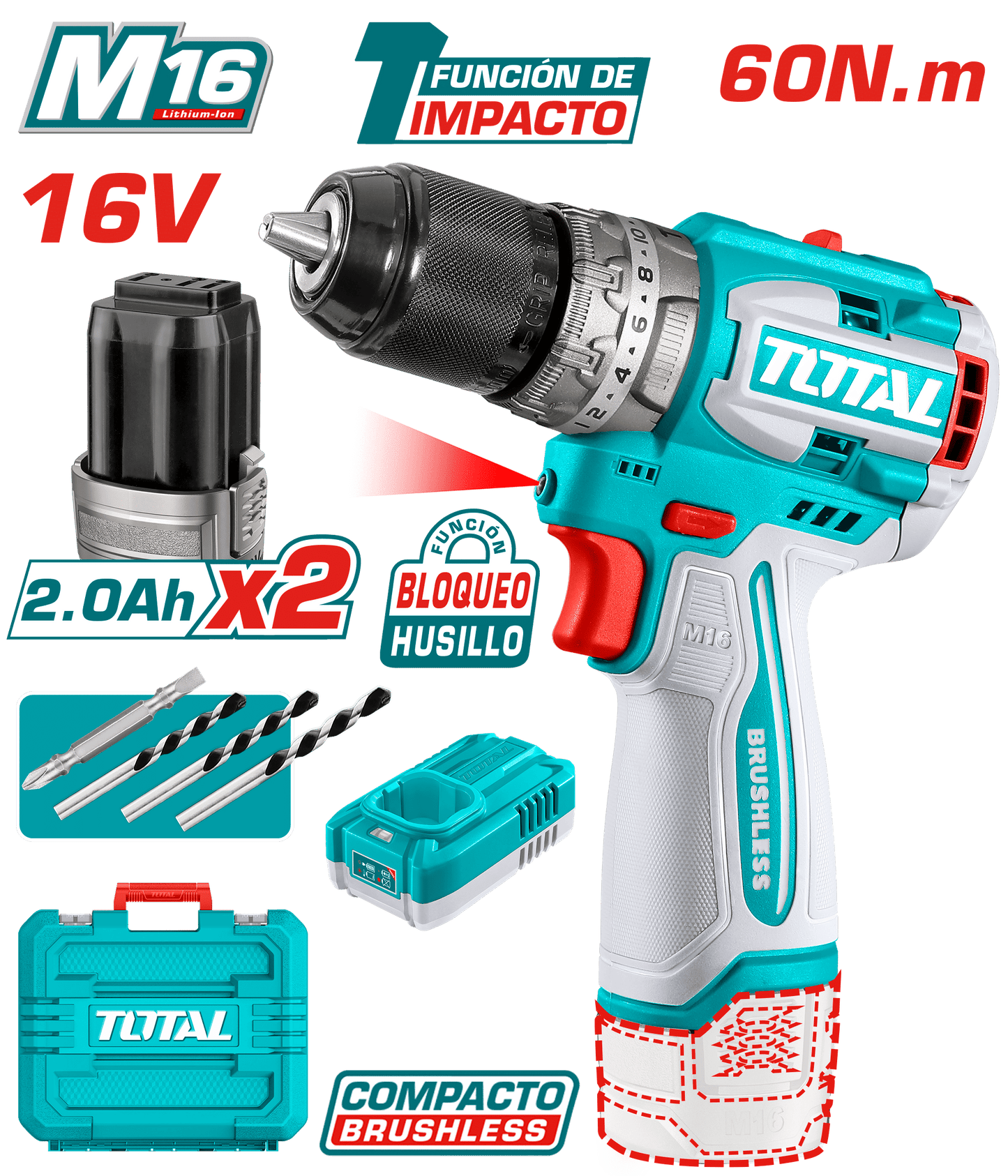 TALADRO PERCUTOR COMPACTO 16V 60NM 13MM 22+1+1 2X2.0AH + MALETIN ACC INDUSTRIAL