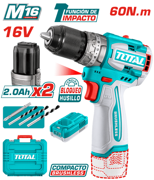 TALADRO PERCUTOR COMPACTO 16V 60NM 13MM 22+1+1 2X2.0AH + MALETIN ACC INDUSTRIAL