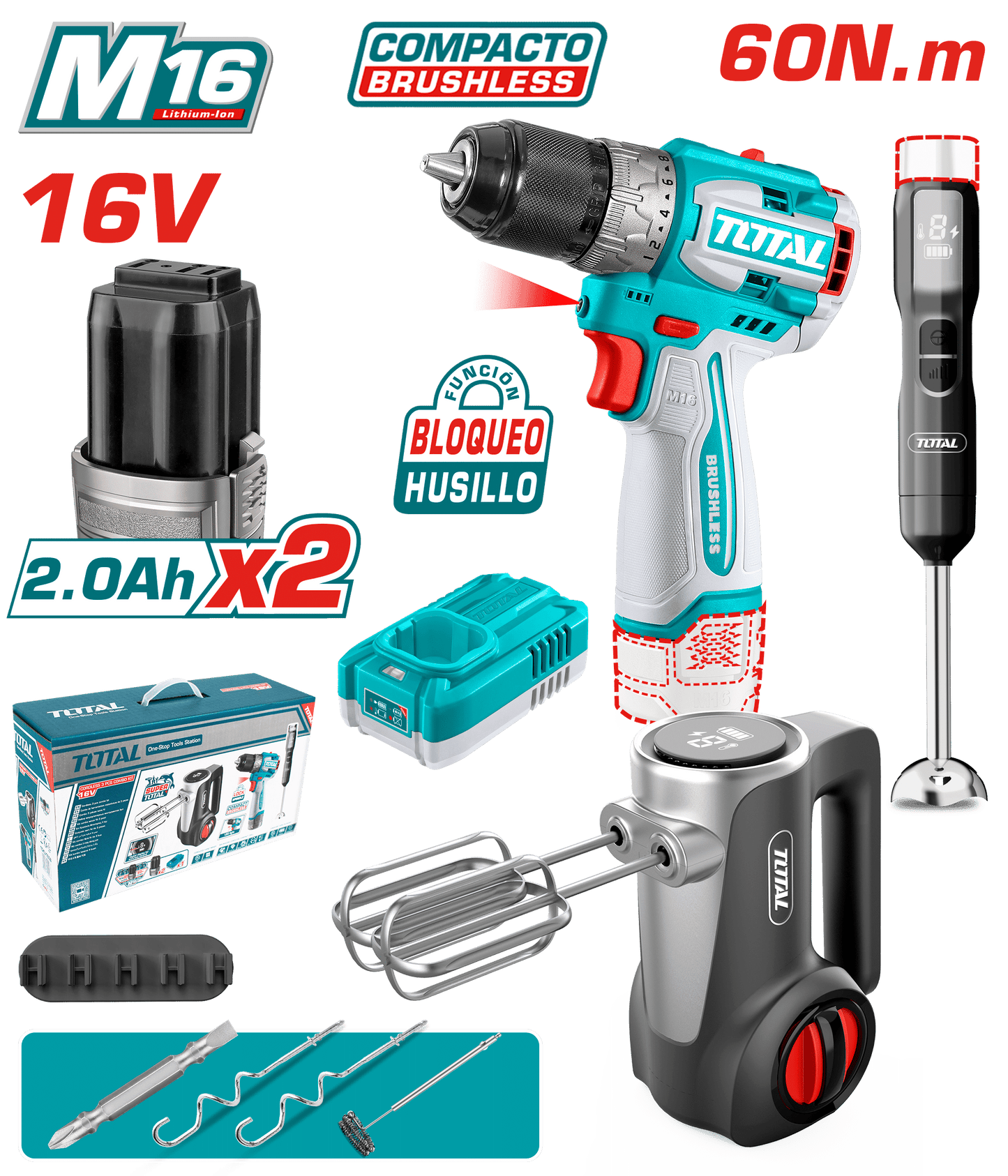 COMBO TALADRO COMPACTO 60NM M16 2X2.0AH + BATIDORAS