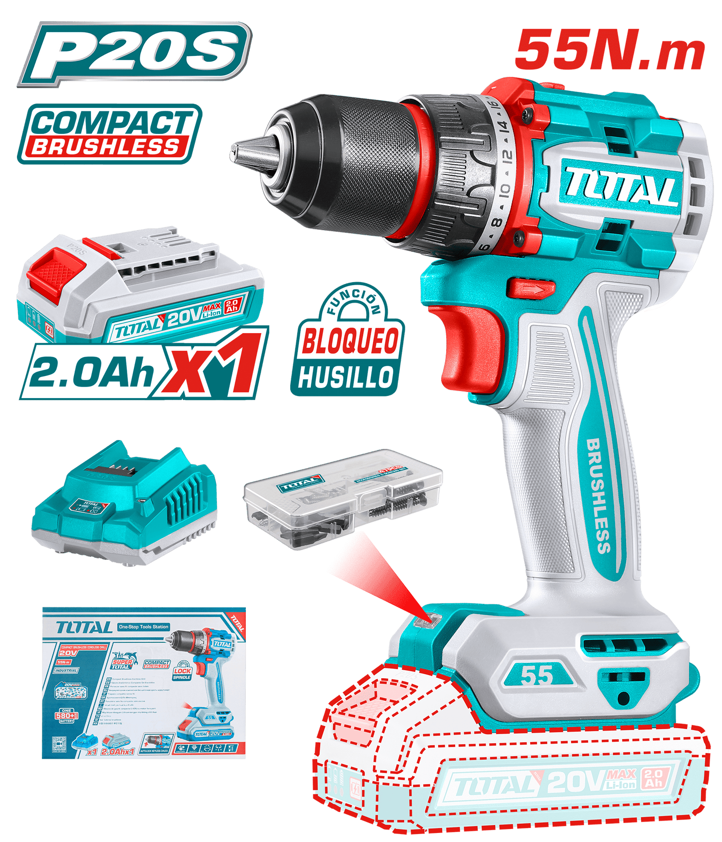 TALADRO 20V 55NM 13MM 22+1 1X2.0AH COMPACTO BRUSHLESS +ACC INDUSTRIAL