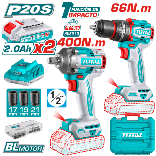 COMBO TALADRO PERCUTOR 66 N.M + LLAVE DE IMPACTO 400N.M 20V + ACC 2X2.0AH MALETIN INDUSTRIAL