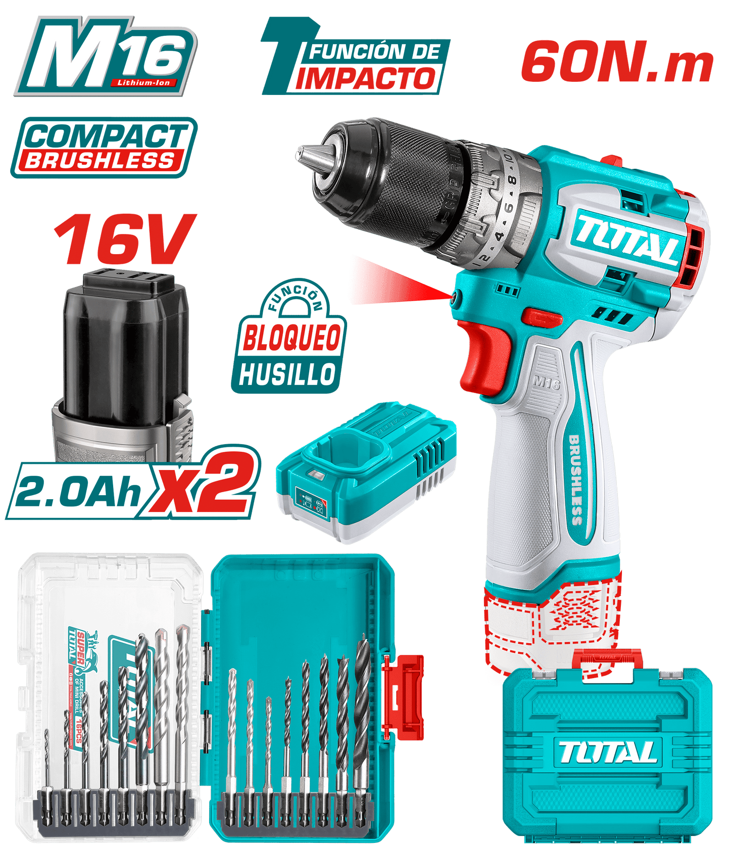 COMBO TALADRO M16 60NM COMPACTO 2X2.0AH + SET BROCAS MALETIN INDUSTRIAL