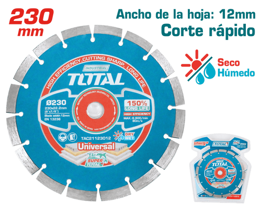 DISCO DIAMANTADO SEGMENTADO 230MMX22.2MM HOJA: 12MM HUMEDO SECO INDUSTRIAL