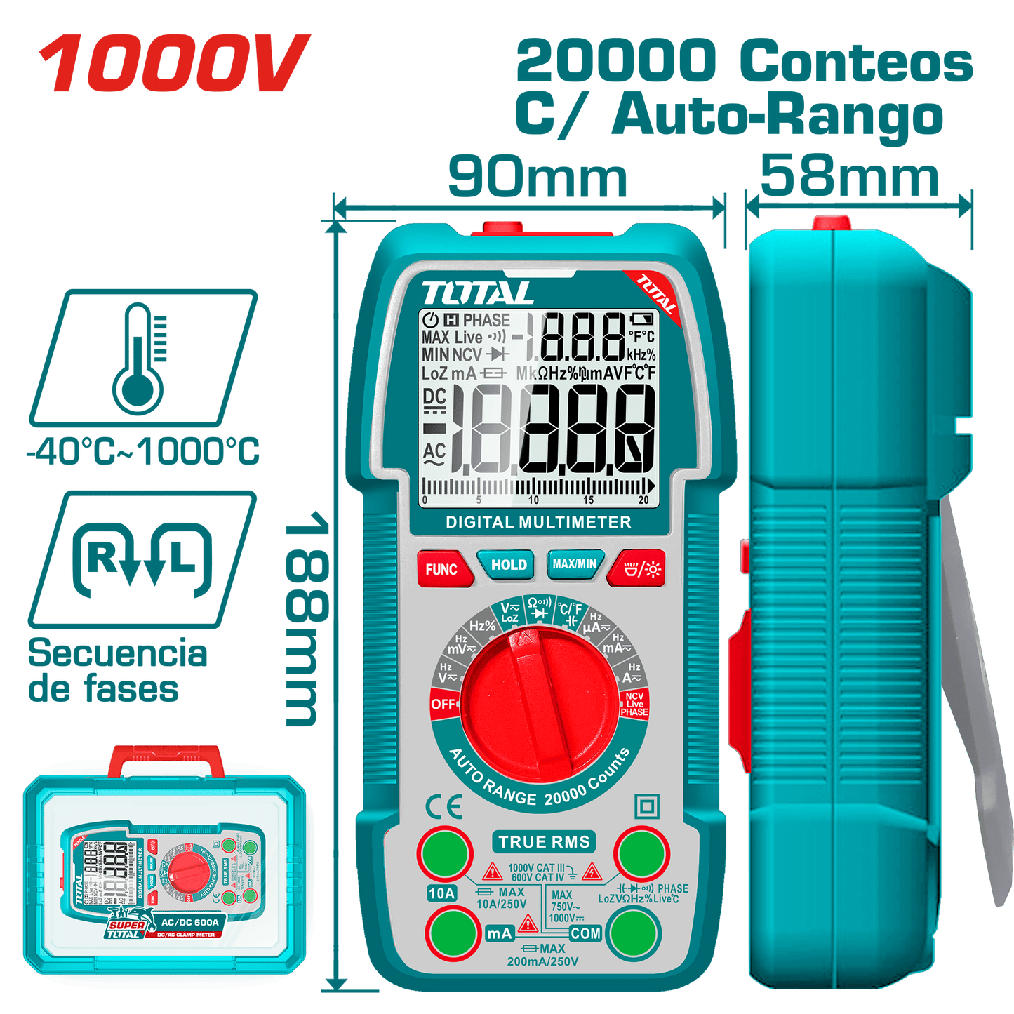 MULTIMETRO DIGITAL 20000 CONTEOS AUTORANGO 1000V MALETIN INDUSTRIAL