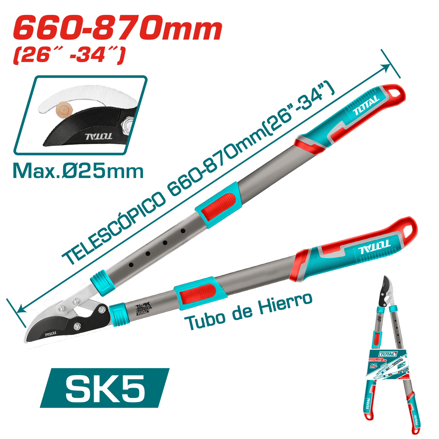 TIJERA PODADORA TELESCOPICA 660-870MM MAX:25MM TUBO METALICO SK5 INDUSTRIAL