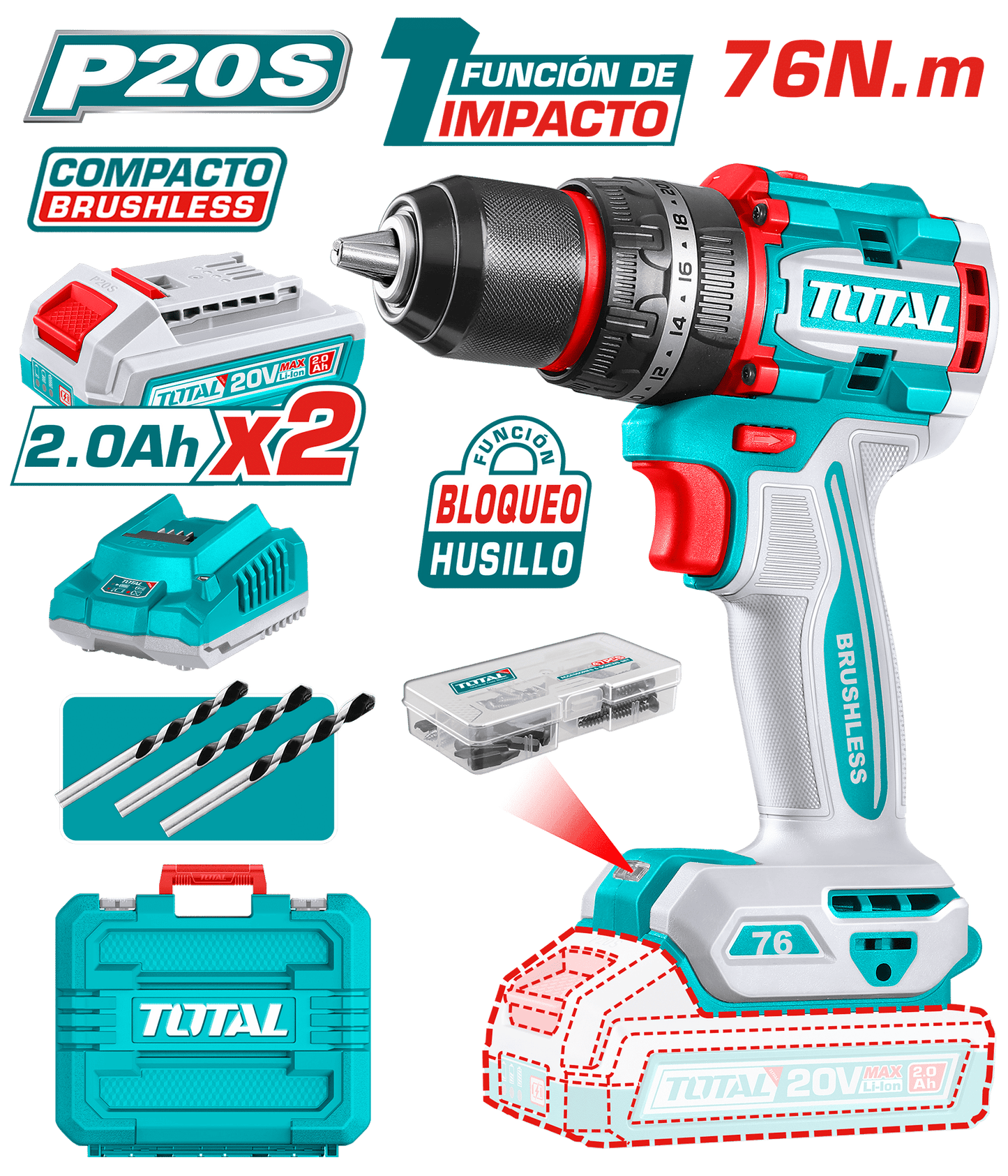 TALADRO PERCUTOR COMPACTO LI-ION 20V 76NM 13MM 2X2.0AH BRUSHLESS MALETIN INDUSTRIAL