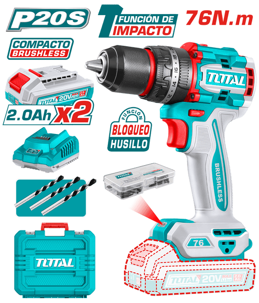 TALADRO PERCUTOR COMPACTO LI-ION 20V 76NM 13MM 2X2.0AH BRUSHLESS MALETIN INDUSTRIAL