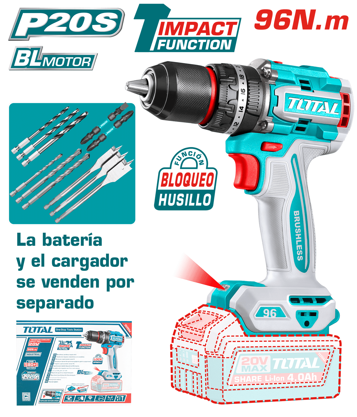 TALADRO PERCUTOR LI-ION 20V 96NM 13MM BRUSHLESS +ACC MALETIN INDUSTRIAL