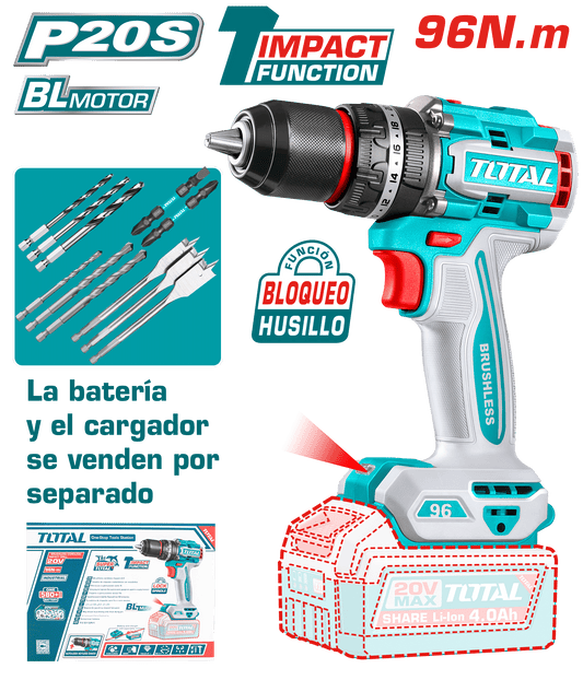 TALADRO PERCUTOR LI-ION 20V 96NM 13MM BRUSHLESS +ACC MALETIN INDUSTRIAL