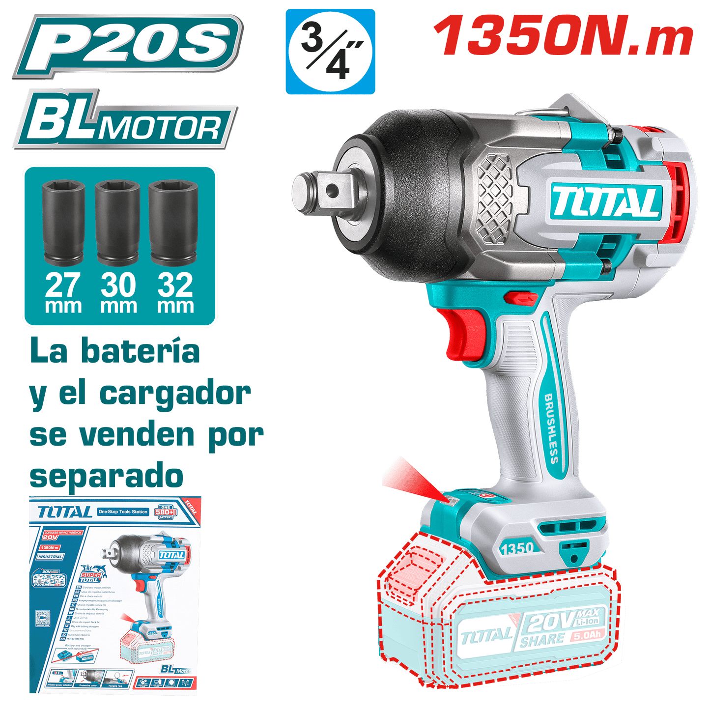 LLAVE IMPACTO BRUSHLESS 20V 1350NM 3/4'' 2200BPM BRUSHLESS