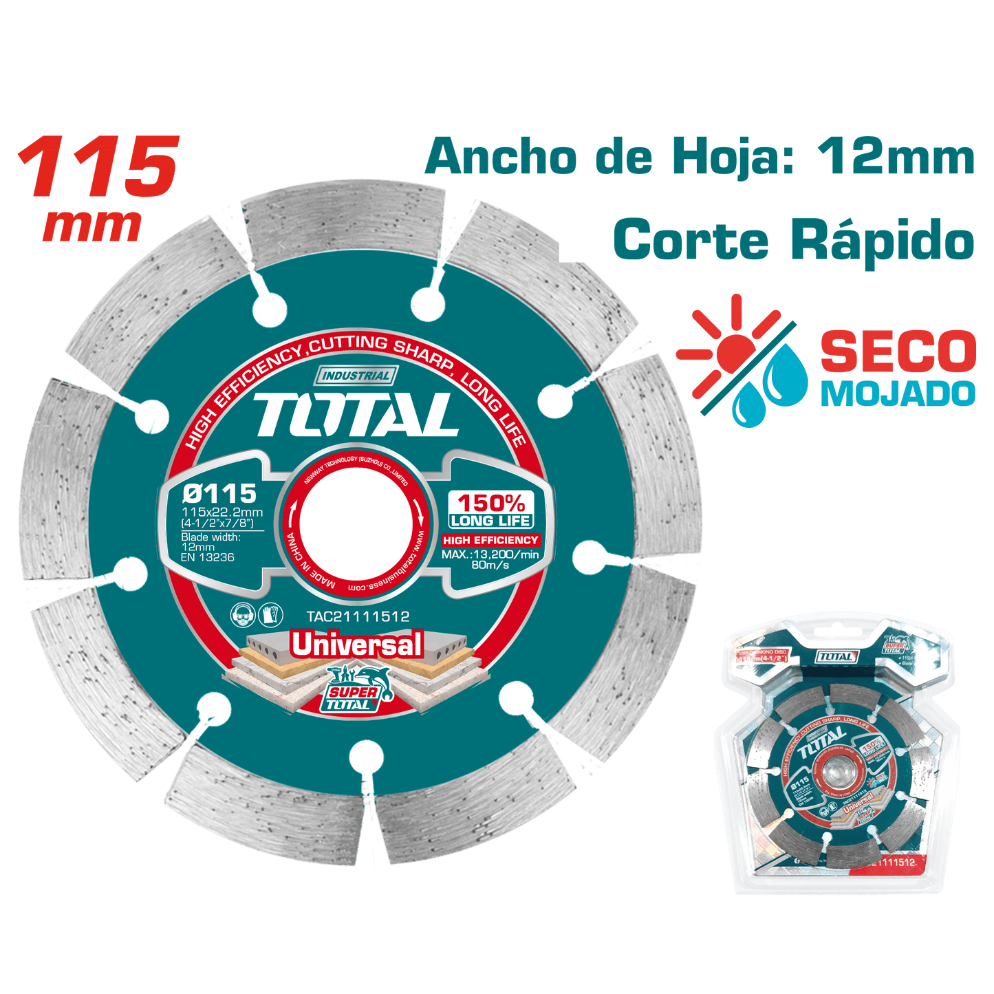 DISCO DIAMANTADO SEGMENTADO 115MMX22.2MM HOJA:12MM HUMEDO/SECO