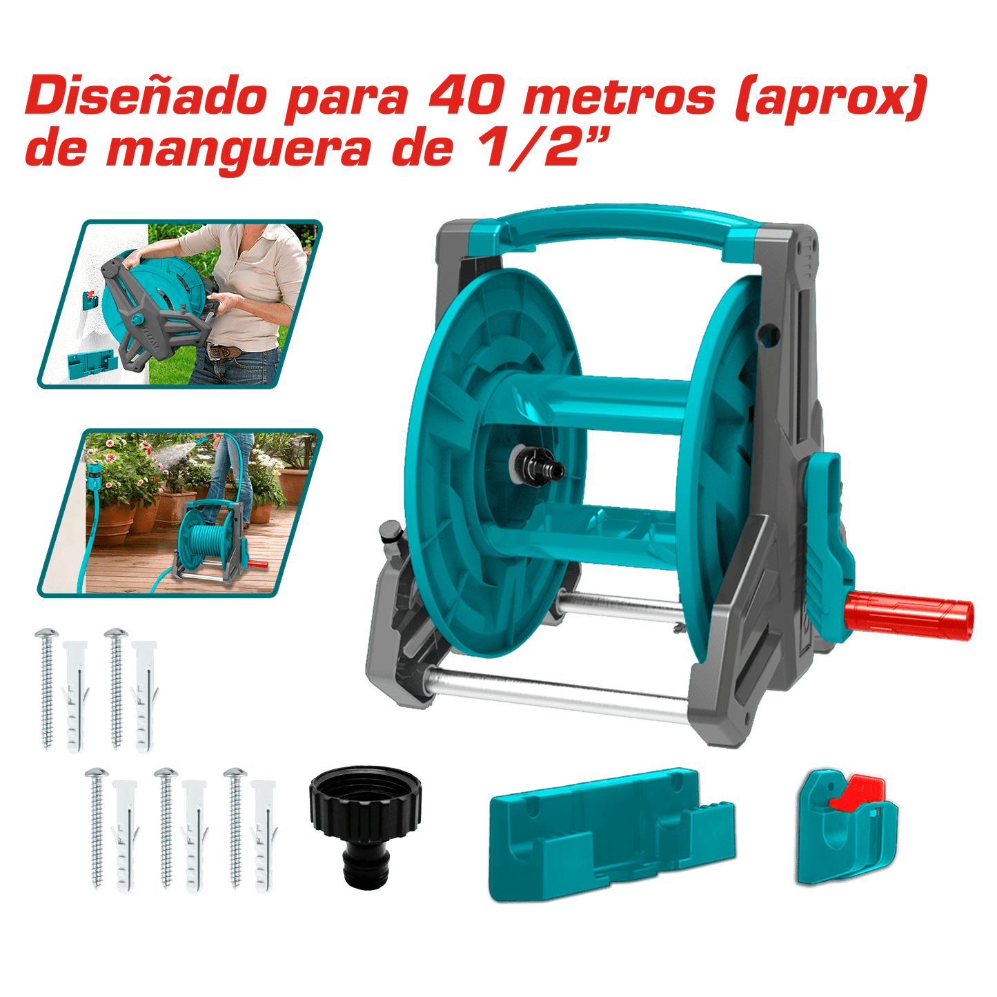 CARRETE PARA MANGUERA CAPACIDAD APROX: 40M (1/2'') PP+ALUMINIO