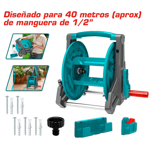 CARRETE PARA MANGUERA CAPACIDAD APROX: 40M (1/2'') PP+ALUMINIO
