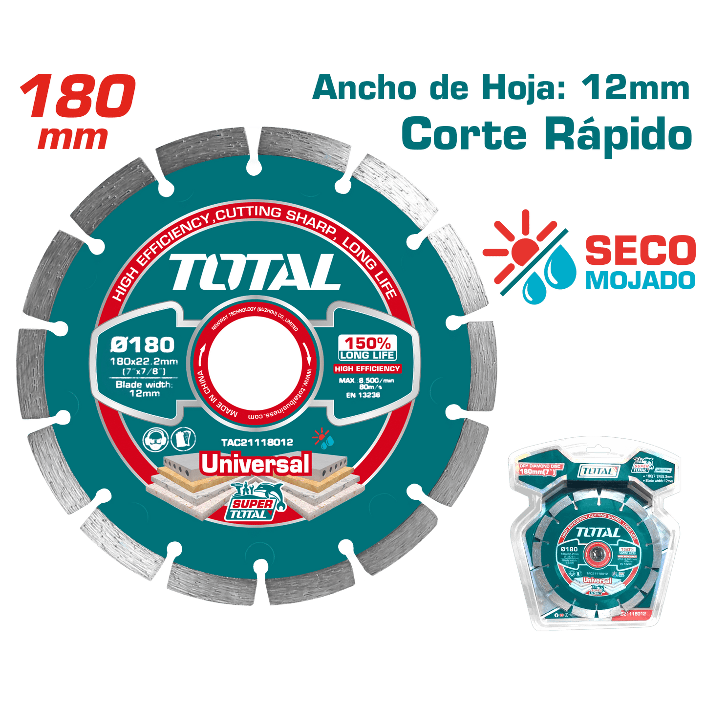 DISCO DIAMANTADO SEGMENTADO 180MMX22.2MM HOJA:12MM HUMEDO/SECO