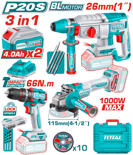 COMBO TALADRO 66NM + AMOLADORA 1000W + ROTOMARTILLO 26MM 2X4.0AH + ACC INDUSTRIAL