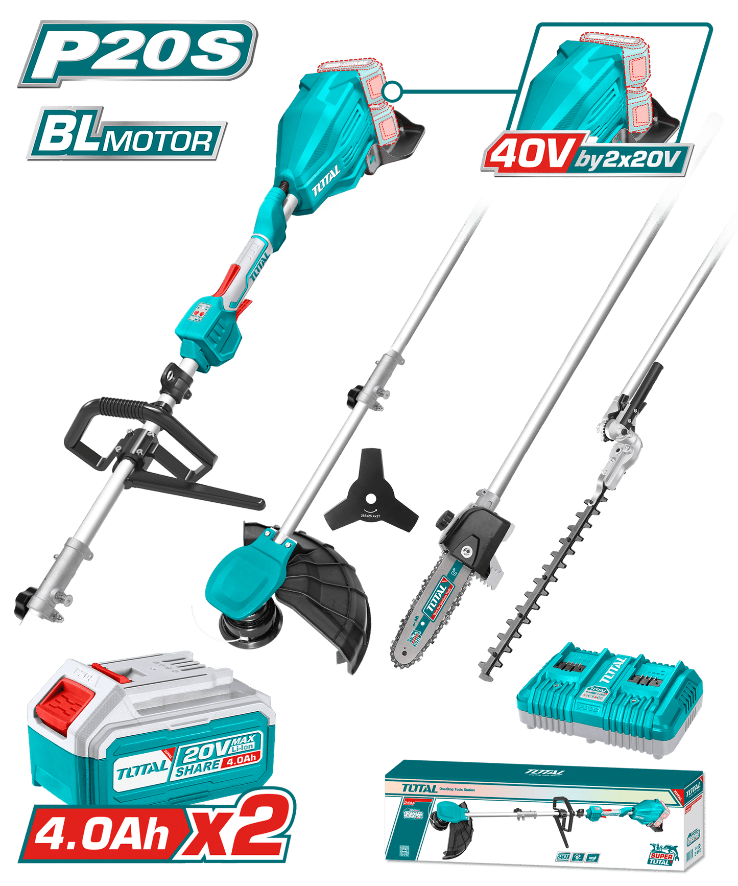 SET CORTASETOS + GUADAÑA + EXTENSIONES 40V (20+20) BRUSHLESS 4 FUNCIONES EN 1 INDUSTRIAL