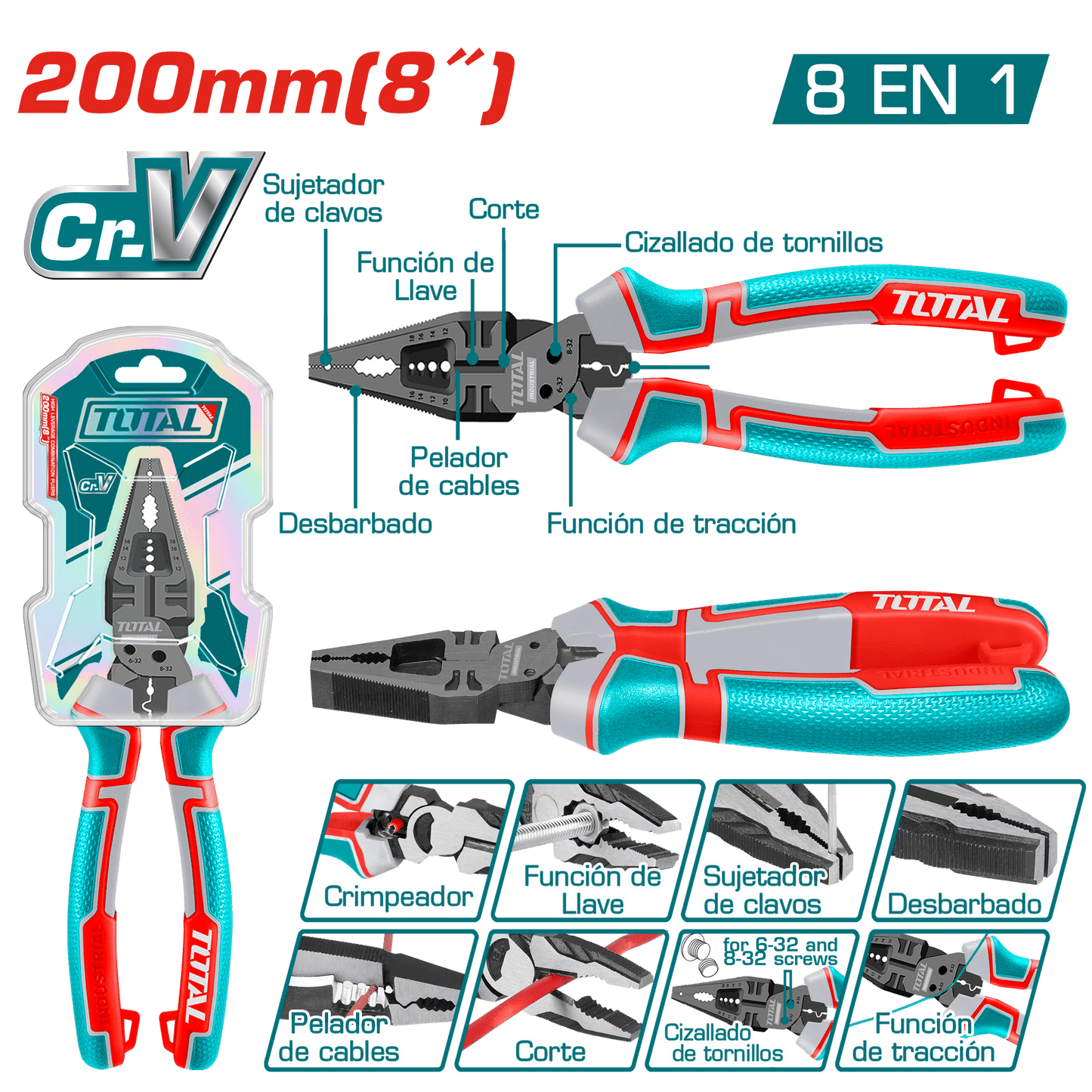 ALICATE DE COMBINACION 8'' 200MM (8 EN 1) CR-V+TEFLON INDUSTRIAL