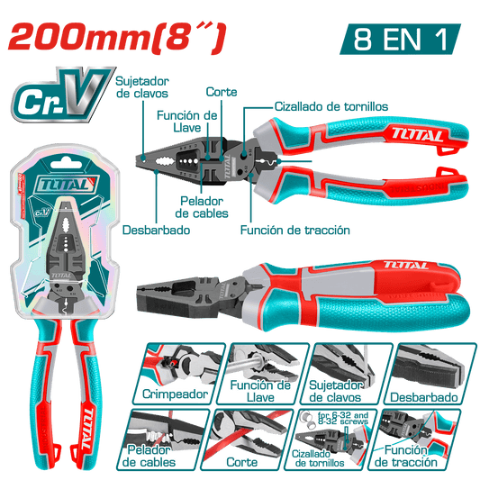 ALICATE DE COMBINACION 8'' 200MM (8 EN 1) CR-V+TEFLON INDUSTRIAL