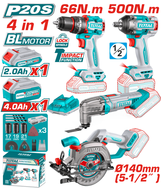 COMBO 20V TALADRO + LLAVE IMPACTO + MULTI H. + SIERRA 1X2.0AH + 1X4.0AH INDUSTRIAL EDIC.LIMITADA