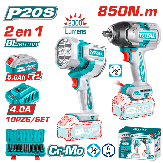 COMBO LLAVE IMPACTO 850N.M + LINTERNA 20V +ACC 2X5.0AH INDUSTRIAL