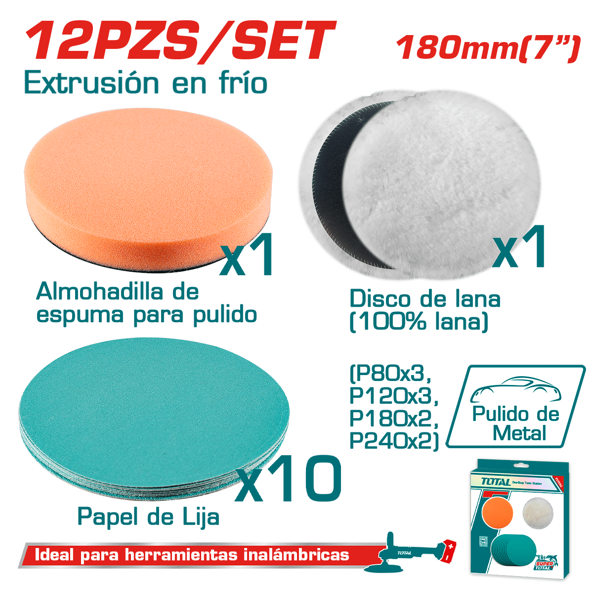 SET DISCOS DE PULIDO ALGODO+ESPUMA D:180MM 12PCS INDUSTRIAL