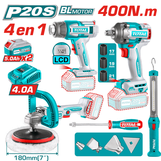 COMBO LLAVE IMPACTO + PISTOLA DE CALOR + PULIDORA 20V + LINTERNA +ACC 2X5.0AH MALETIN INDUSTRIAL
