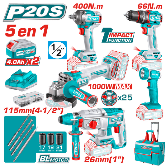 COMBO 20V (5 EN 1) TALADRO + LLAVE + AMOLADORA + ROTOMARTILLO + LINTERNA 2X4.0AH INDUSTRIAL